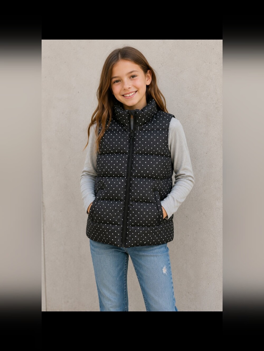 Old Navy Black Silver Metallic Polka Dot Puffer Vest XL 14/16 Fleece Lined